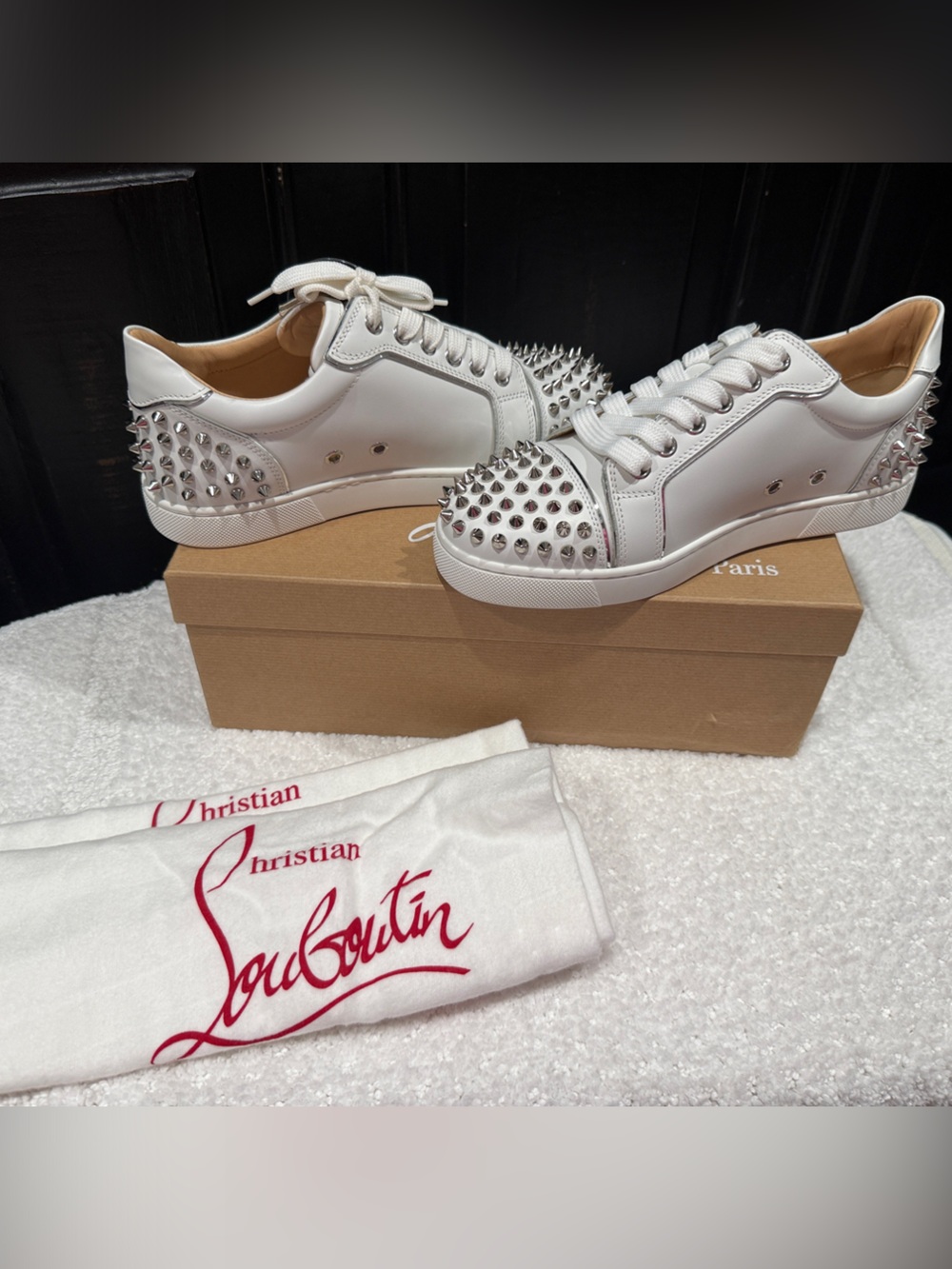 Christian Louboutin White Leather Spike-Studded Low Top Sneakers